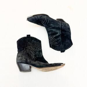Schutz Alexxa Women Western Fringe Ankle Boots Black Suede Leather Pointy Toe 10